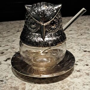Vintage Avon Silver Plated Owl Sugar Bowl with Glass Spoon